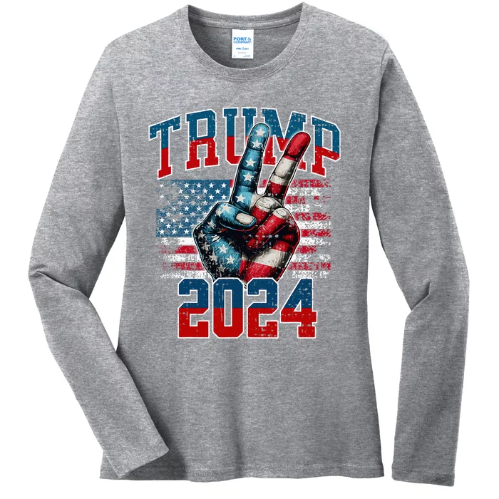 Trump 2024 Peace Sign With Two Fingers 2024 Red White & Blue Ladies Long Sleeve Shirt