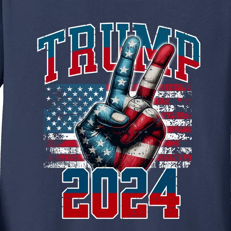 Trump 2024 Peace Sign Kids Long Sleeve Shirt