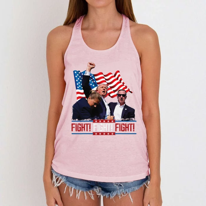 Trump 2024 President Fight Bloodied Fist Pumping Of Legend Women's Knotted Racerback Tank