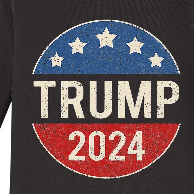 Trump 2024 Retro Campaign Button Re Elect President Trump Baby Long Sleeve Bodysuit