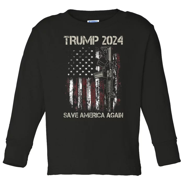 Trump 2024 Retro Campaign Button Re Elect President Trump Toddler Long Sleeve Shirt