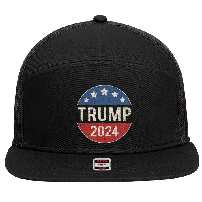 Trump 2024 Retro Campaign Button Re Elect President 7 Panel Mesh Trucker Snapback Hat