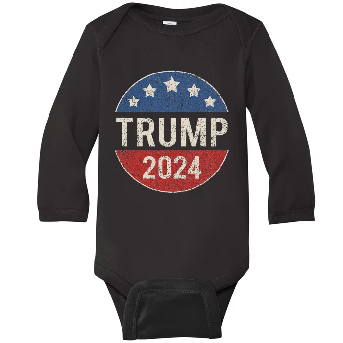 Trump 2024 Retro Campaign Button Re Elect President Baby Long Sleeve Bodysuit