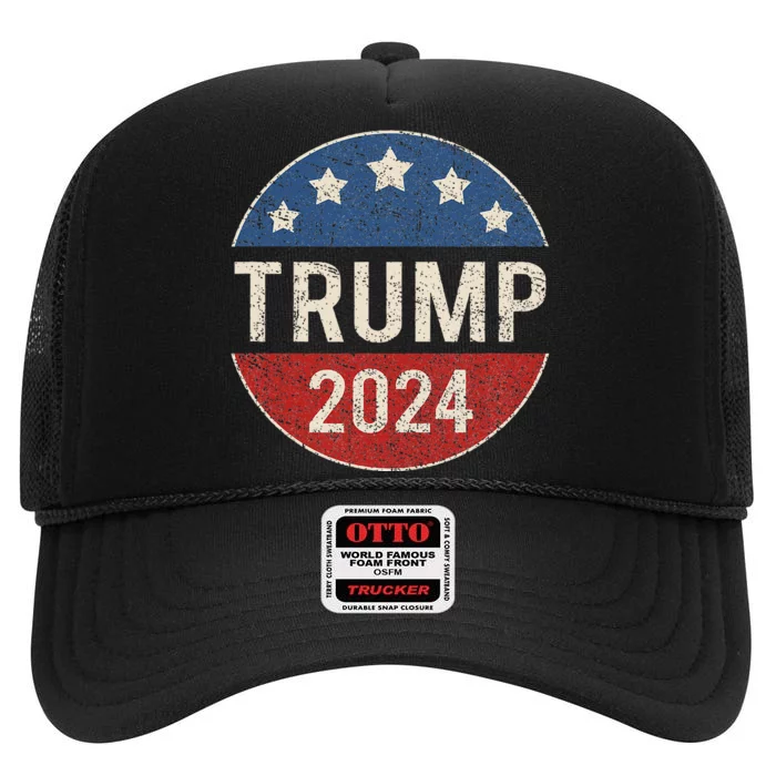 Trump 2024 Retro Campaign Button Re Elect President Trump High Crown Mesh Trucker Hat