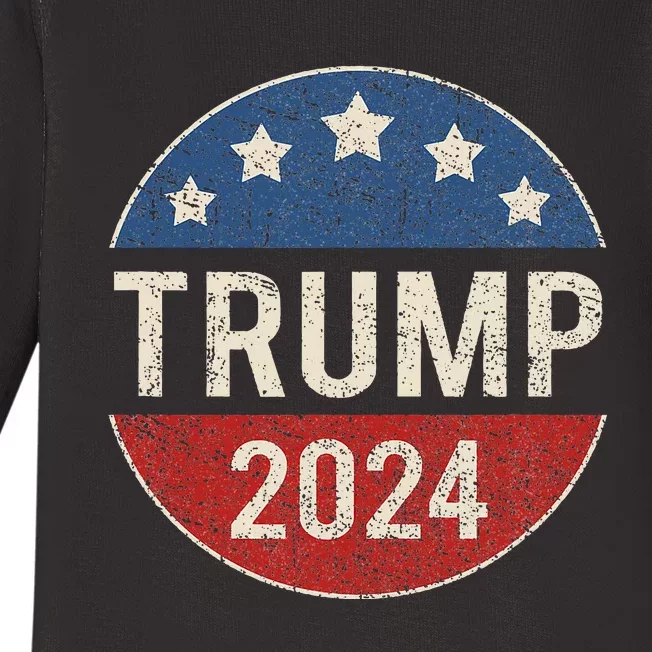 Trump 2024 Retro Campaign Button Re Elect President Trump Baby Long Sleeve Bodysuit