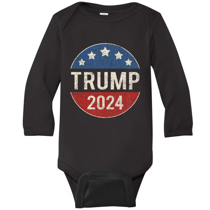 Trump 2024 Retro Campaign Button Re Elect President Trump Baby Long Sleeve Bodysuit