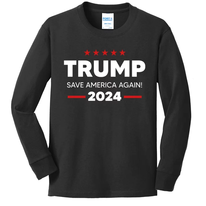 Trump 2024 Save America Again Kids Long Sleeve Shirt