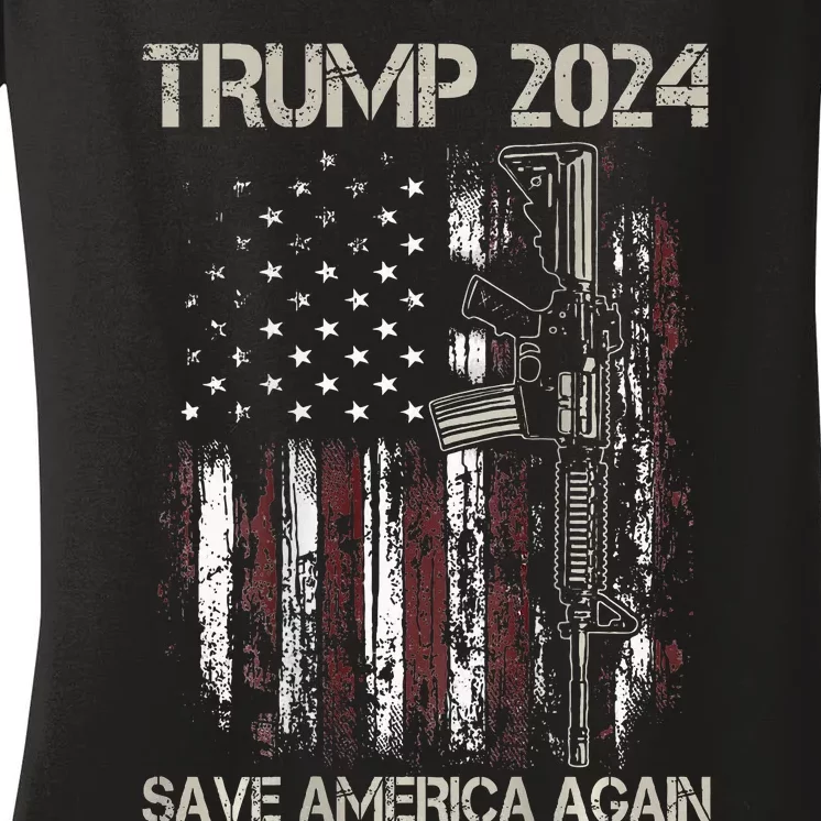 Trump 2024 Save America Again American Flag Gun Women's V-Neck T-Shirt