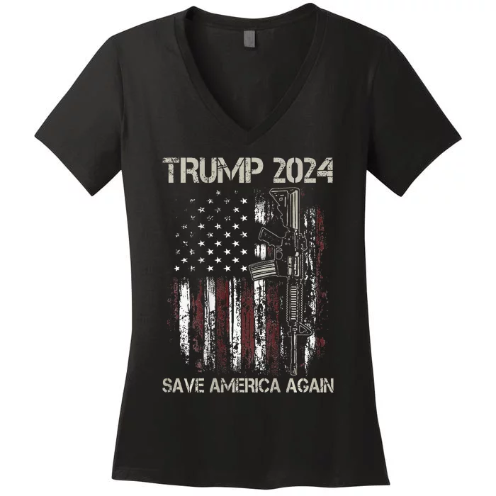 Trump 2024 Save America Again American Flag Gun Women's V-Neck T-Shirt