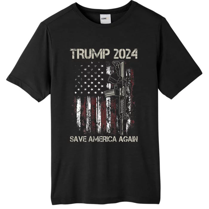 Trump 2024 Save America Again American Flag Gun ChromaSoft Performance T-Shirt