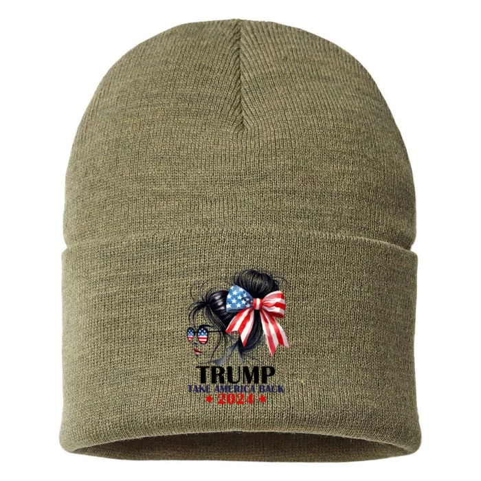 Trump 2024 Take America Back Messy Bun Girl American Flag Long Sleeve Sustainable Knit Beanie