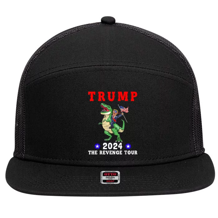 Trump 2024 The Revenge Tour Riding Dinosaur American Flag 7 Panel Mesh Trucker Snapback Hat