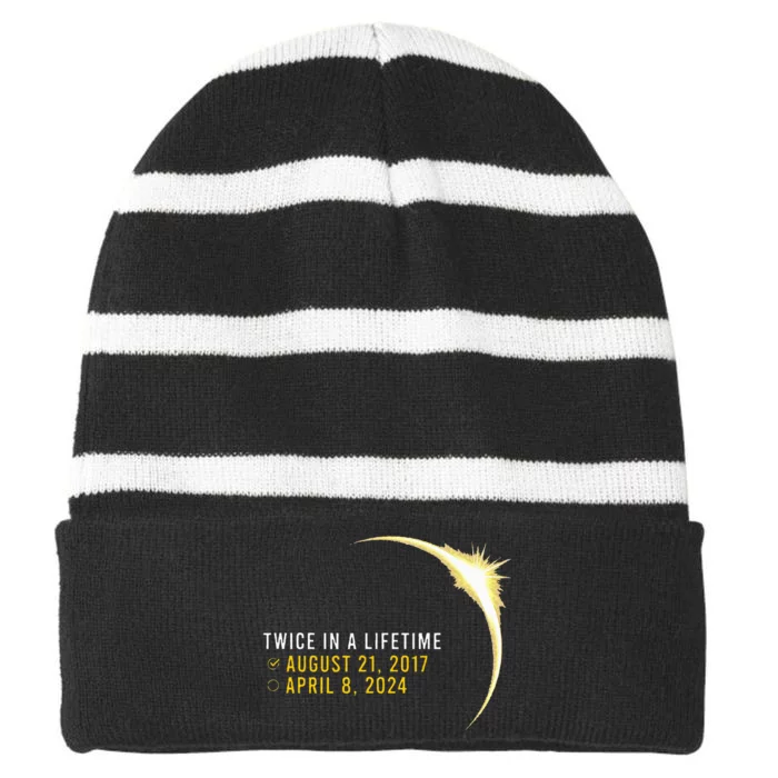 Totality 24 Twice In A Lifetime Total Solar Eclipse 2024 Striped Beanie with Solid Band