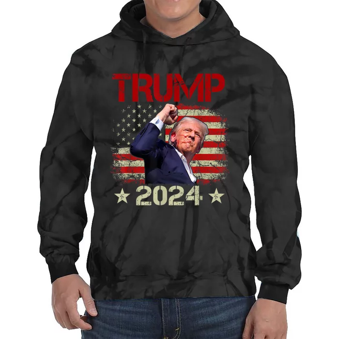 Trump 2024 Trump Legends Never Die Fight Tie Dye Hoodie