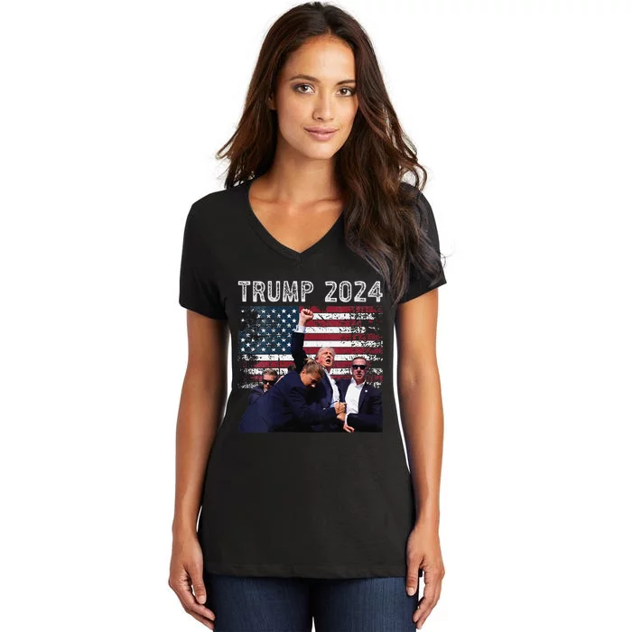 Trump 2024 Us Flag Donald Trump Election Rally Shooting 2024 Women's V-Neck T-Shirt