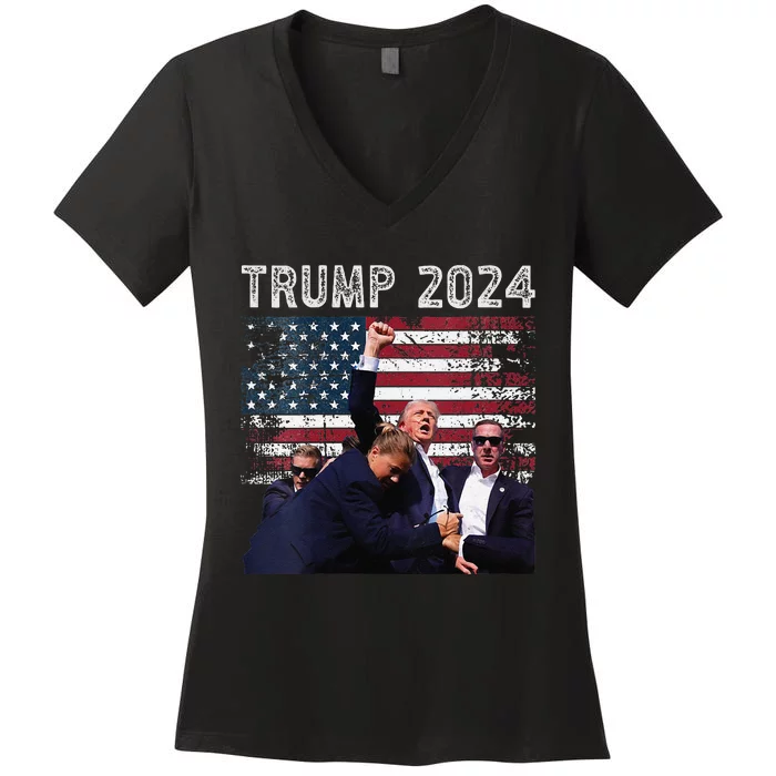 Trump 2024 Us Flag Donald Trump Election Rally Shooting 2024 Women's V-Neck T-Shirt