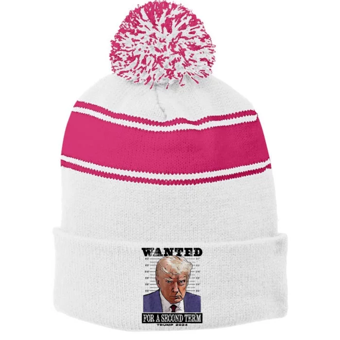 Trump 2024 Wanted For A 2nd Term Stripe Pom Pom Beanie