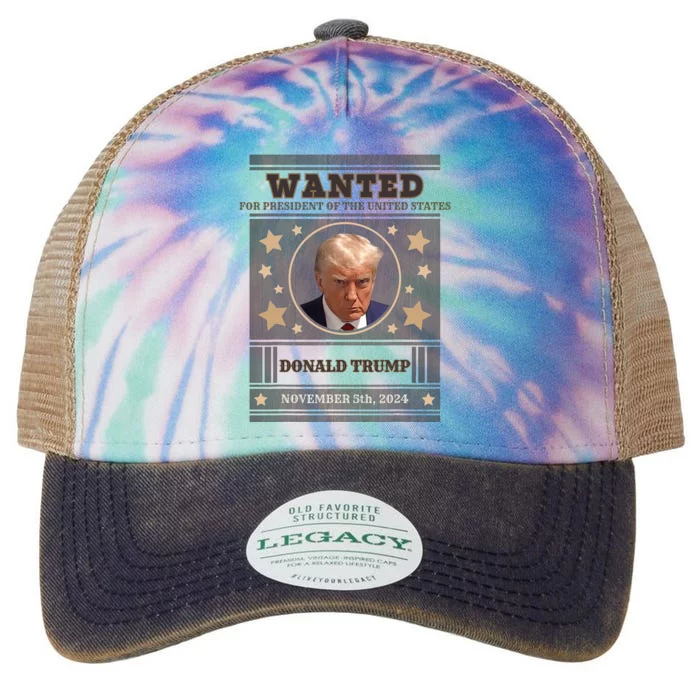 Trump 2024 Wanted For President Of The United States Legacy Tie Dye Trucker Hat