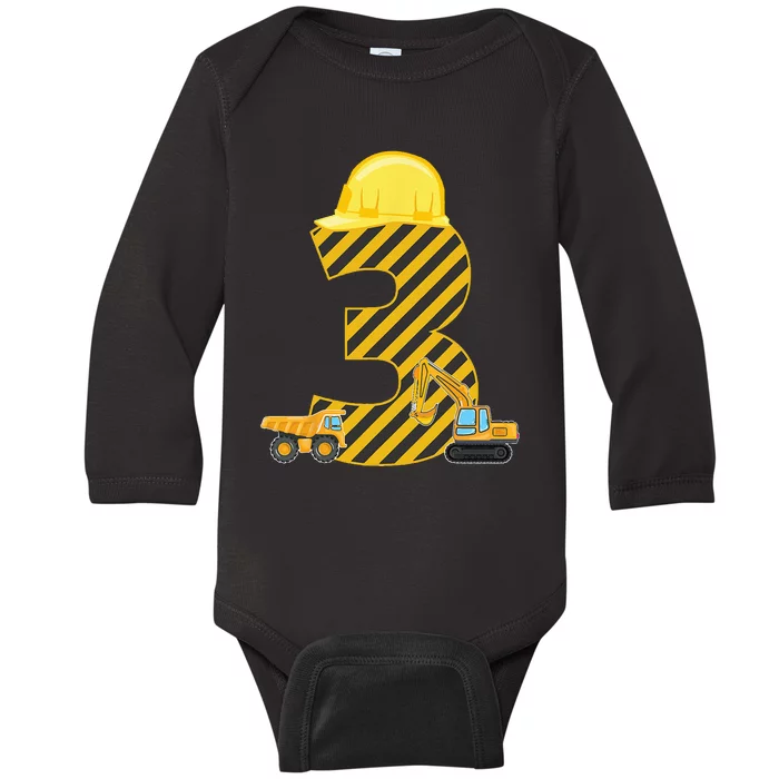 Three 3yr 3rd Birthday Construction Outfit 3 Years Old Baby Long Sleeve Bodysuit