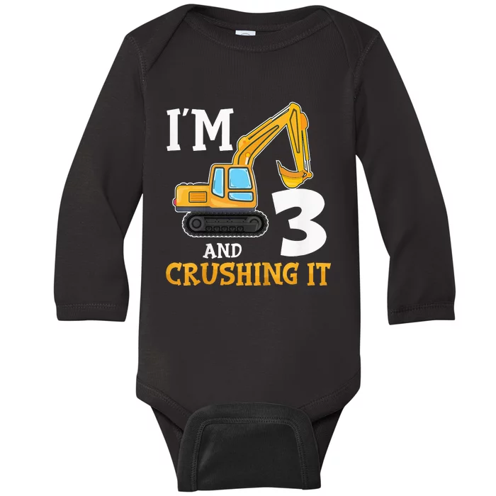 Three 3yr 3th Birthday Digger Boy Construction 3 Years Old Baby Long Sleeve Bodysuit