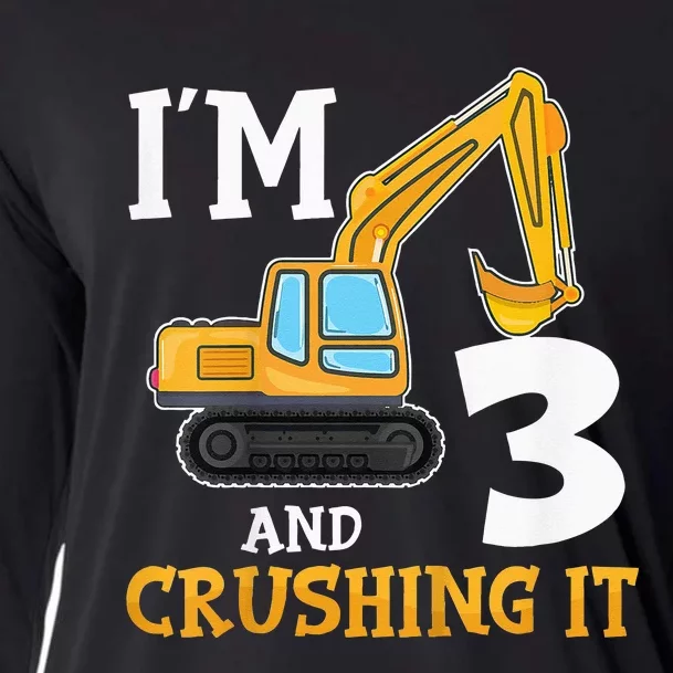 Three 3yr 3th Birthday Digger Boy Construction 3 Years Old Cooling Performance Long Sleeve Crew