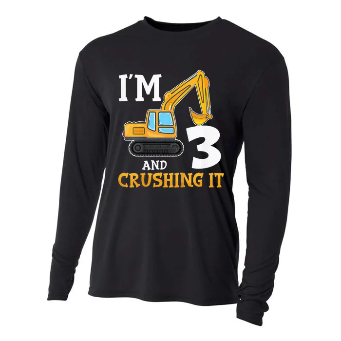 Three 3yr 3th Birthday Digger Boy Construction 3 Years Old Cooling Performance Long Sleeve Crew