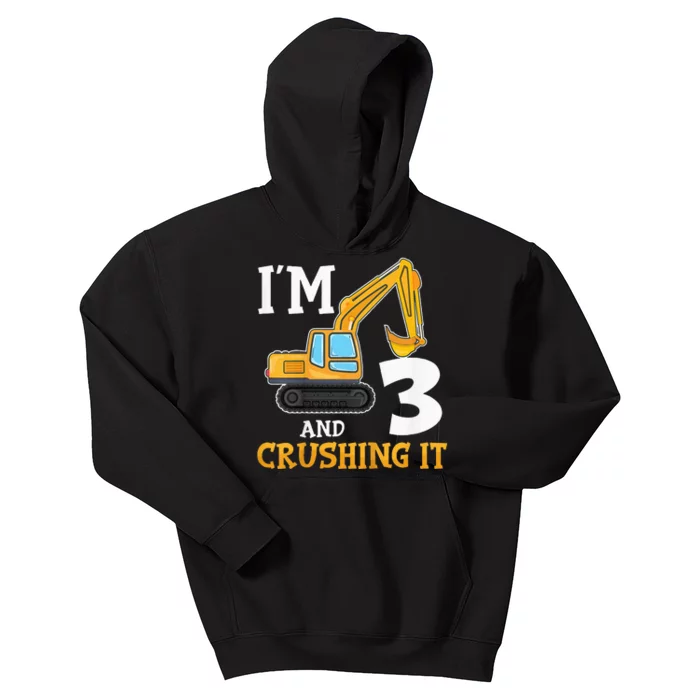 Three 3yr 3th Birthday Digger Boy Construction 3 Years Old Kids Hoodie