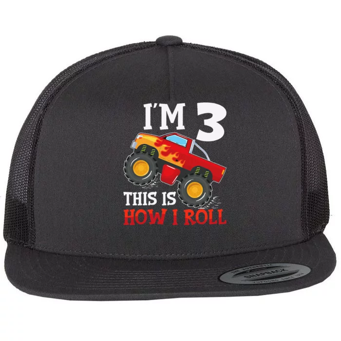 Three 3yr 3rd Birthday Monster Truck Boy 3 Years Old Gift Flat Bill Trucker Hat