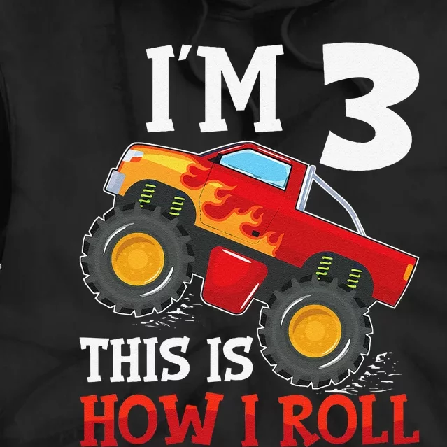 Three 3yr 3rd Birthday Monster Truck Boy 3 Years Old Gift Tie Dye Hoodie