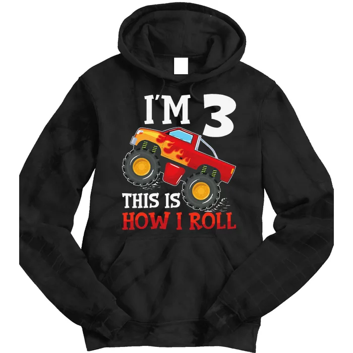 Three 3yr 3rd Birthday Monster Truck Boy 3 Years Old Gift Tie Dye Hoodie