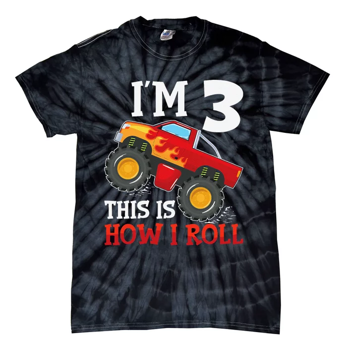 Three 3yr 3rd Birthday Monster Truck Boy 3 Years Old Gift Tie-Dye T-Shirt