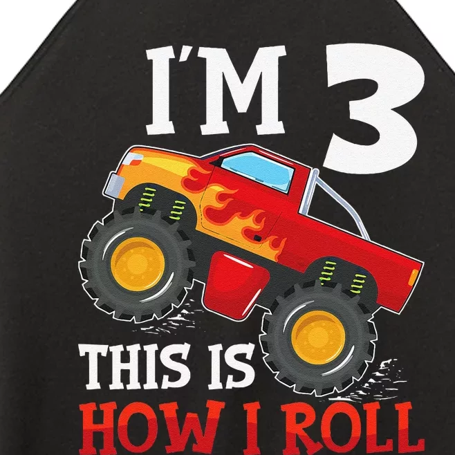 Three 3yr 3rd Birthday Monster Truck Boy 3 Years Old Gift Women’s Perfect Tri Rocker Tank