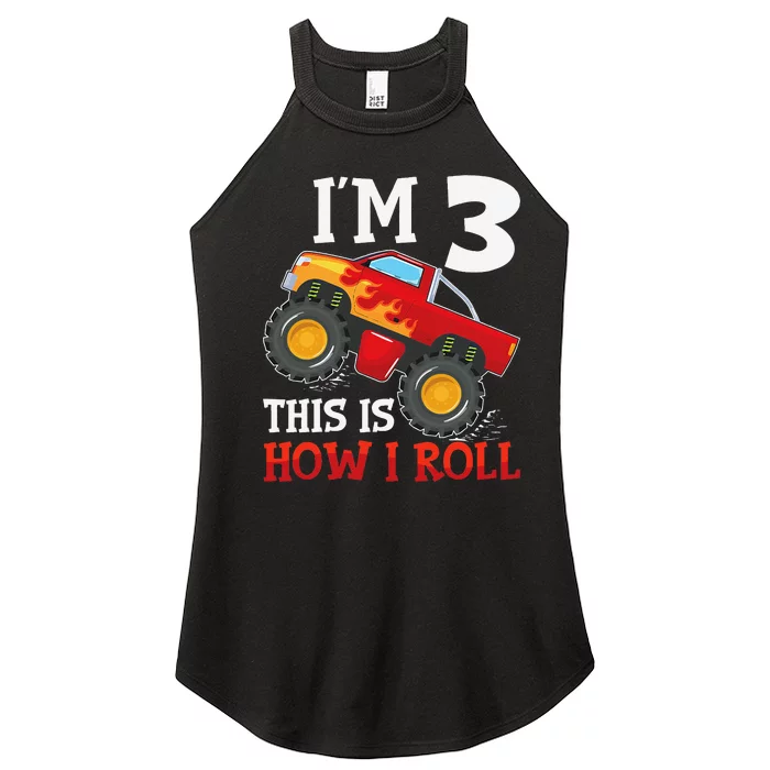 Three 3yr 3rd Birthday Monster Truck Boy 3 Years Old Gift Women’s Perfect Tri Rocker Tank