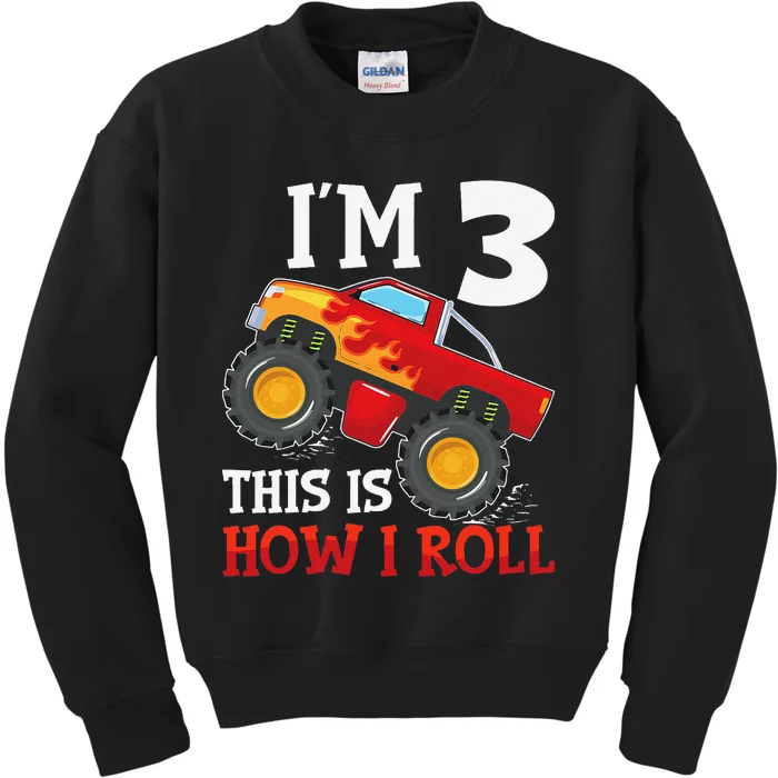 Three 3yr 3rd Birthday Monster Truck Boy 3 Years Old Gift Kids Sweatshirt