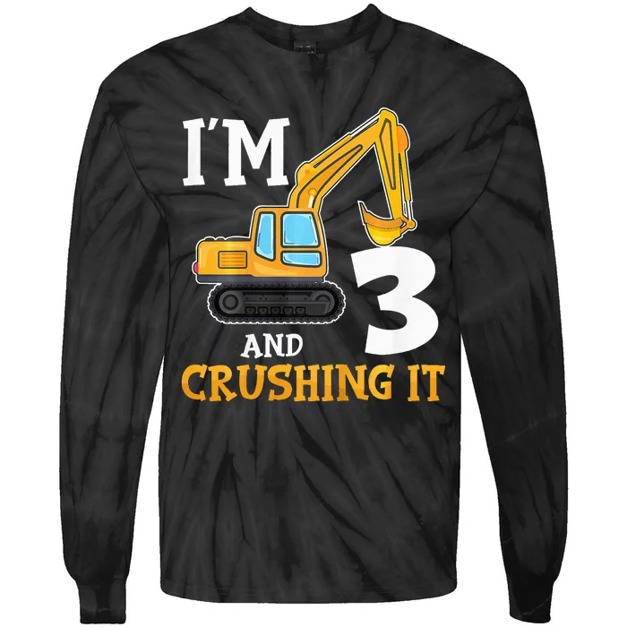 Three 3yr 3th Birthday Digger Construction 3 Years Old Tie-Dye Long Sleeve Shirt