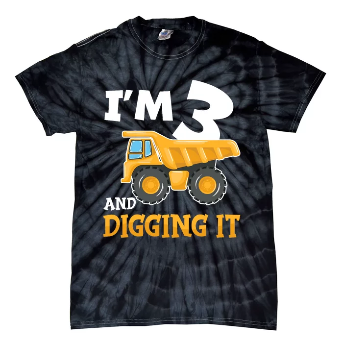 Three 3yr 3rd Birthday Construction Boy 3 Years Old Tie-Dye T-Shirt