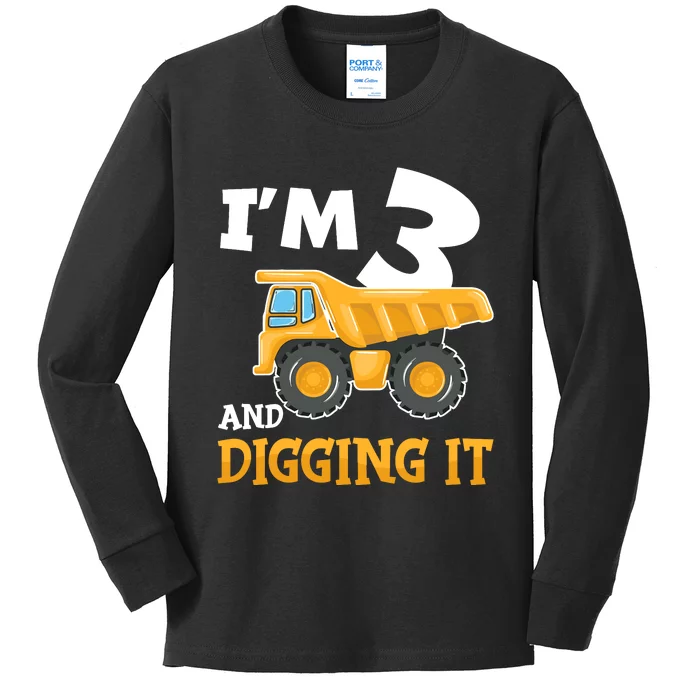 Three 3yr 3rd Birthday Construction Boy 3 Years Old Kids Long Sleeve Shirt