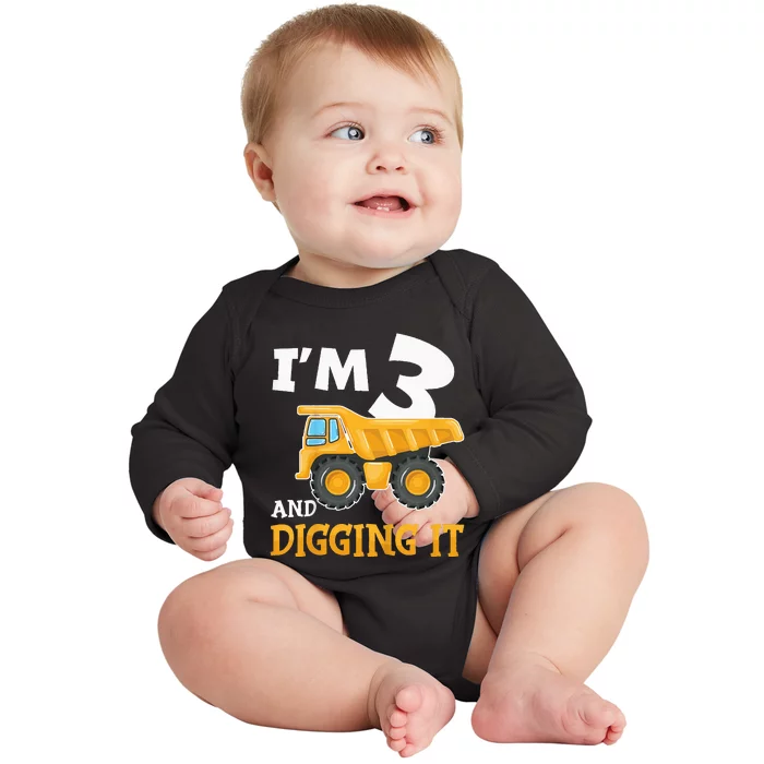 Three 3yr 3th Birthday Construction 3 Years Old Baby Long Sleeve Bodysuit