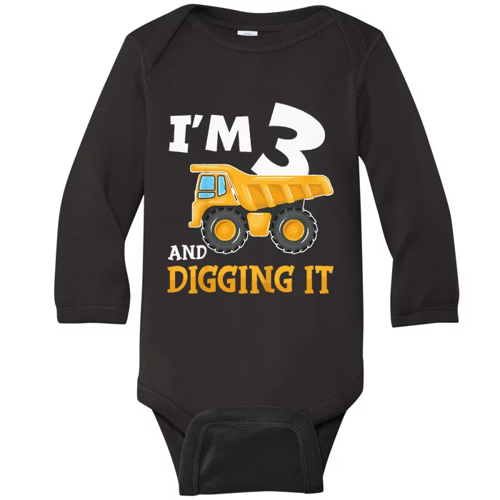 Three 3yr 3th Birthday Construction 3 Years Old Baby Long Sleeve Bodysuit