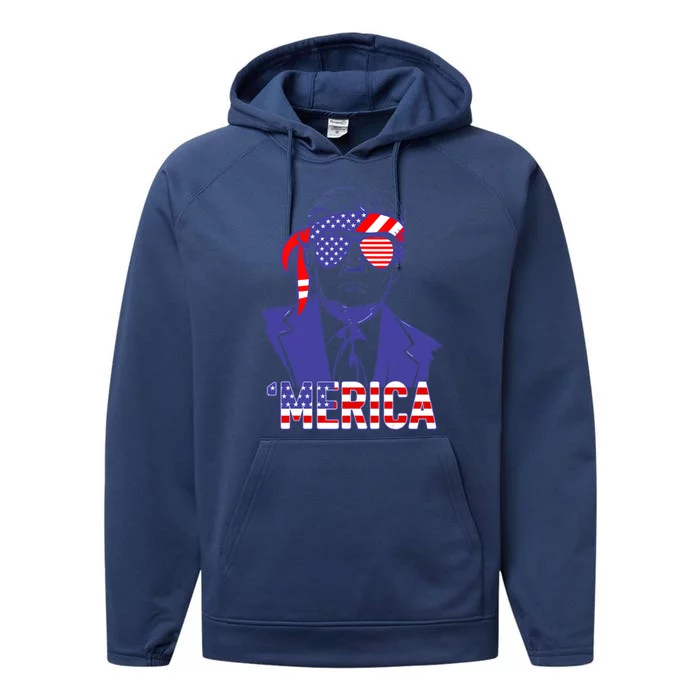 Trump 4th Of July Merica Usa American Flag Vintage Gift Performance Fleece Hoodie