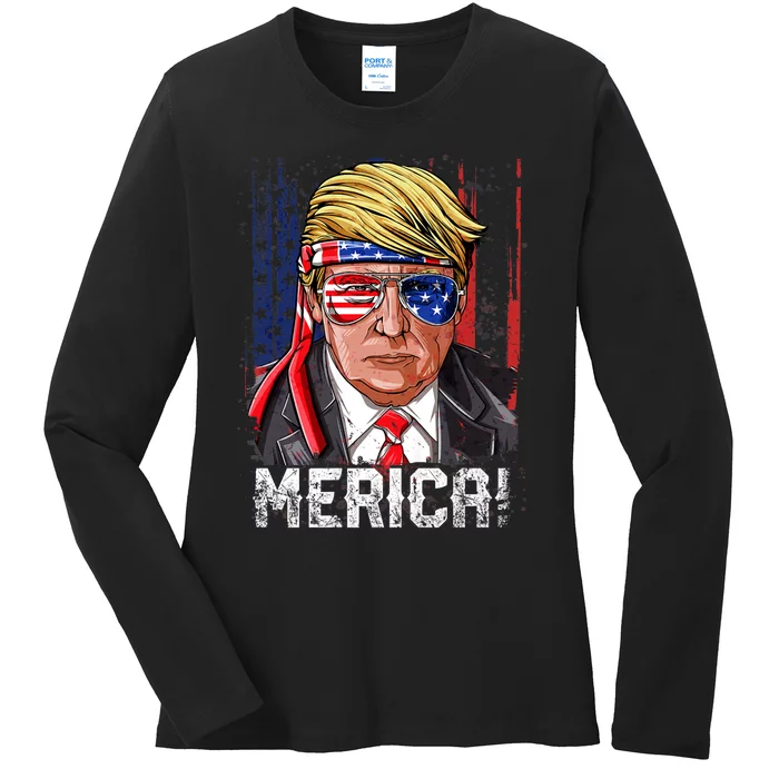 Trump 4th Of July Merica Usa American Flag Vintage Ladies Long Sleeve Shirt