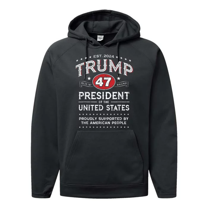 Trump 47th President Vintage Whiskey Label Fun Trump 2024 Performance Fleece Hoodie