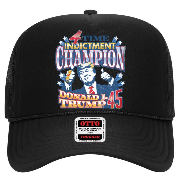 Trump 4 Time Indictment Champion Champ Not Guilty 2024 High Crown Mesh Trucker Hat