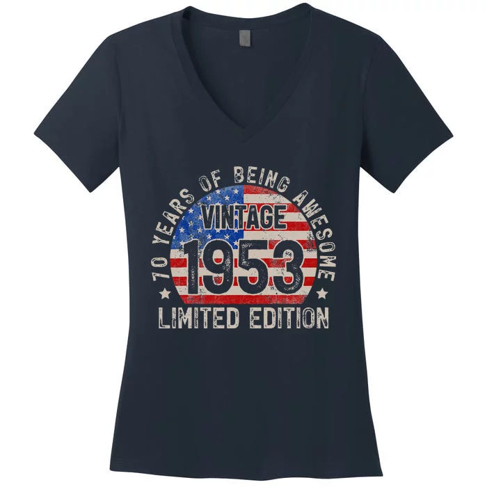 Turning 70 Vintage 1953 BDay 70th Birthday 70 Years Old Women's V-Neck T-Shirt