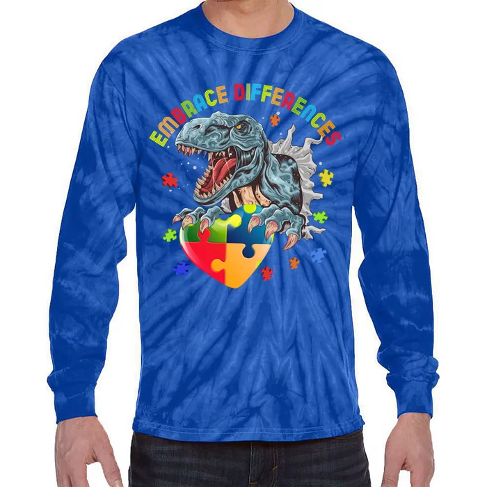 Trex Autism Awareness Dinosaur Autism Gift Tie-Dye Long Sleeve Shirt