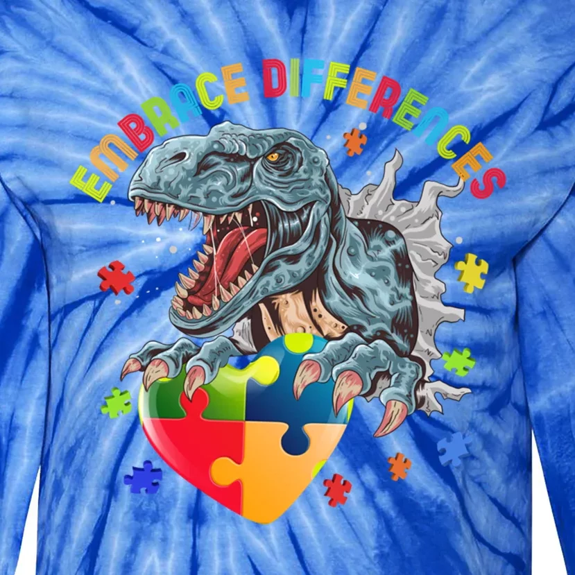 Trex Autism Awareness Dinosaur Autism Gift Tie-Dye Long Sleeve Shirt