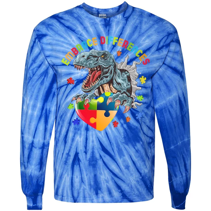 Trex Autism Awareness Dinosaur Autism Gift Tie-Dye Long Sleeve Shirt