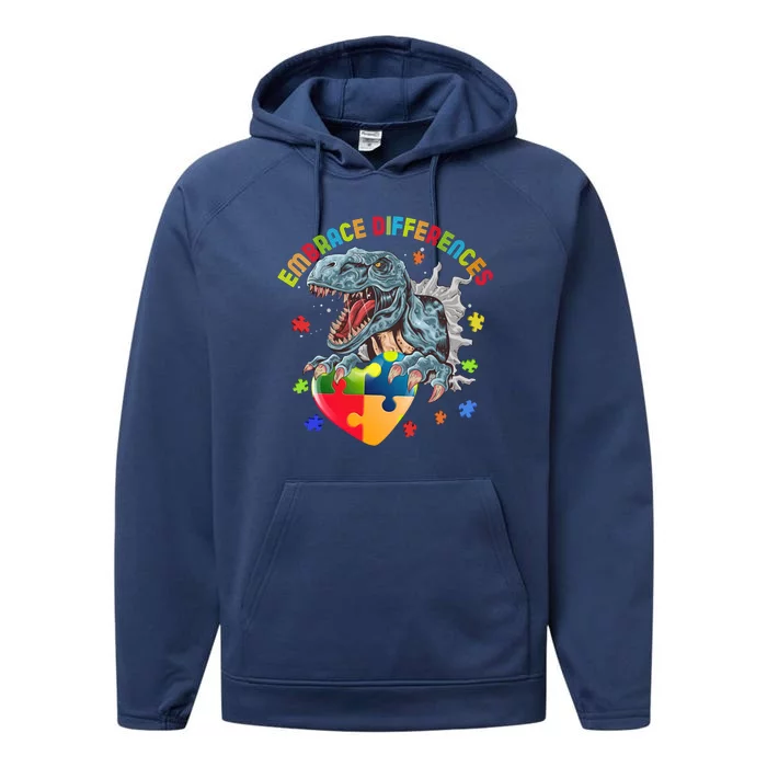 Trex Autism Awareness Dinosaur Autism Gift Performance Fleece Hoodie