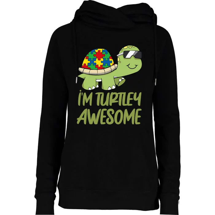 Turtle Awesome Autism Awareness Puzzle Piece Womens Funnel Neck Pullover Hood