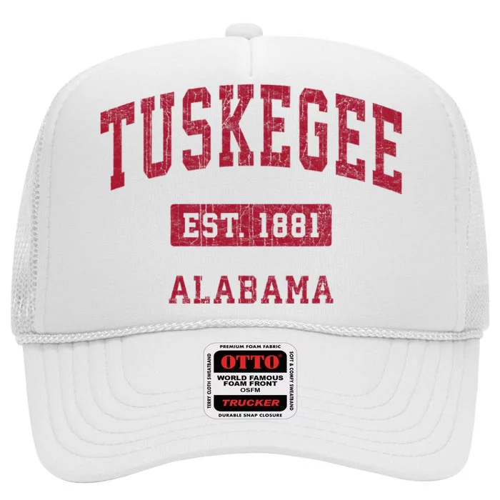 Tuskegee Alabama Al Vintage Athletic Red Sports Design High Crown Mesh Trucker Hat